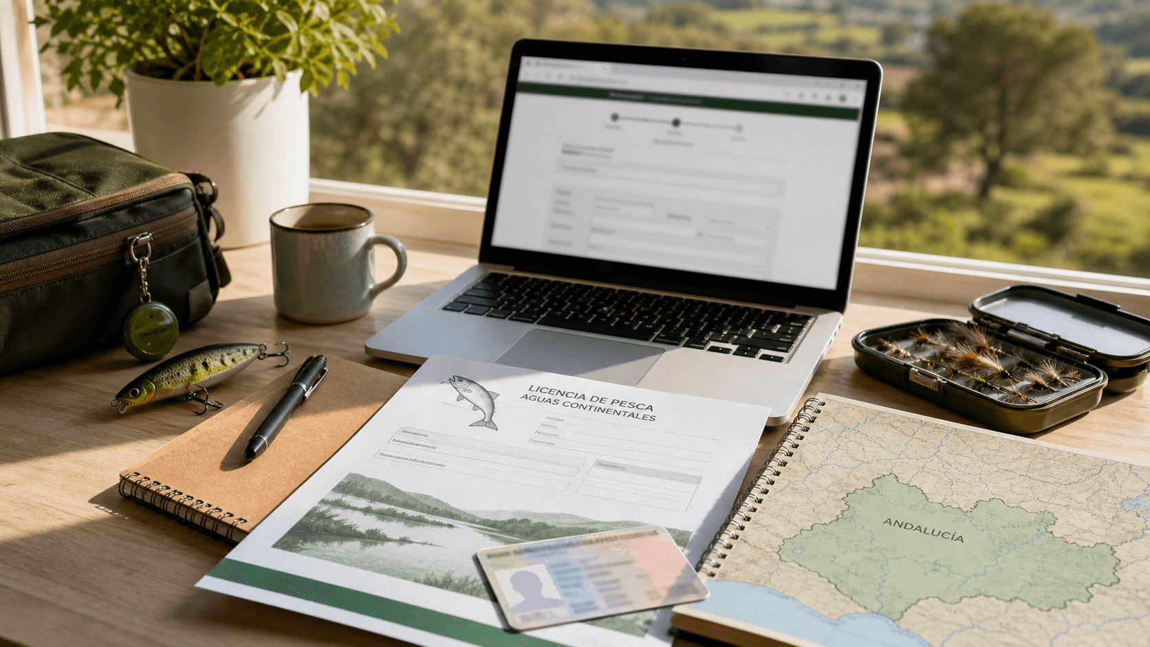 Mesa de trabajo con portátil, documentación y material de pesca para tramitar una licencia en Andalucía