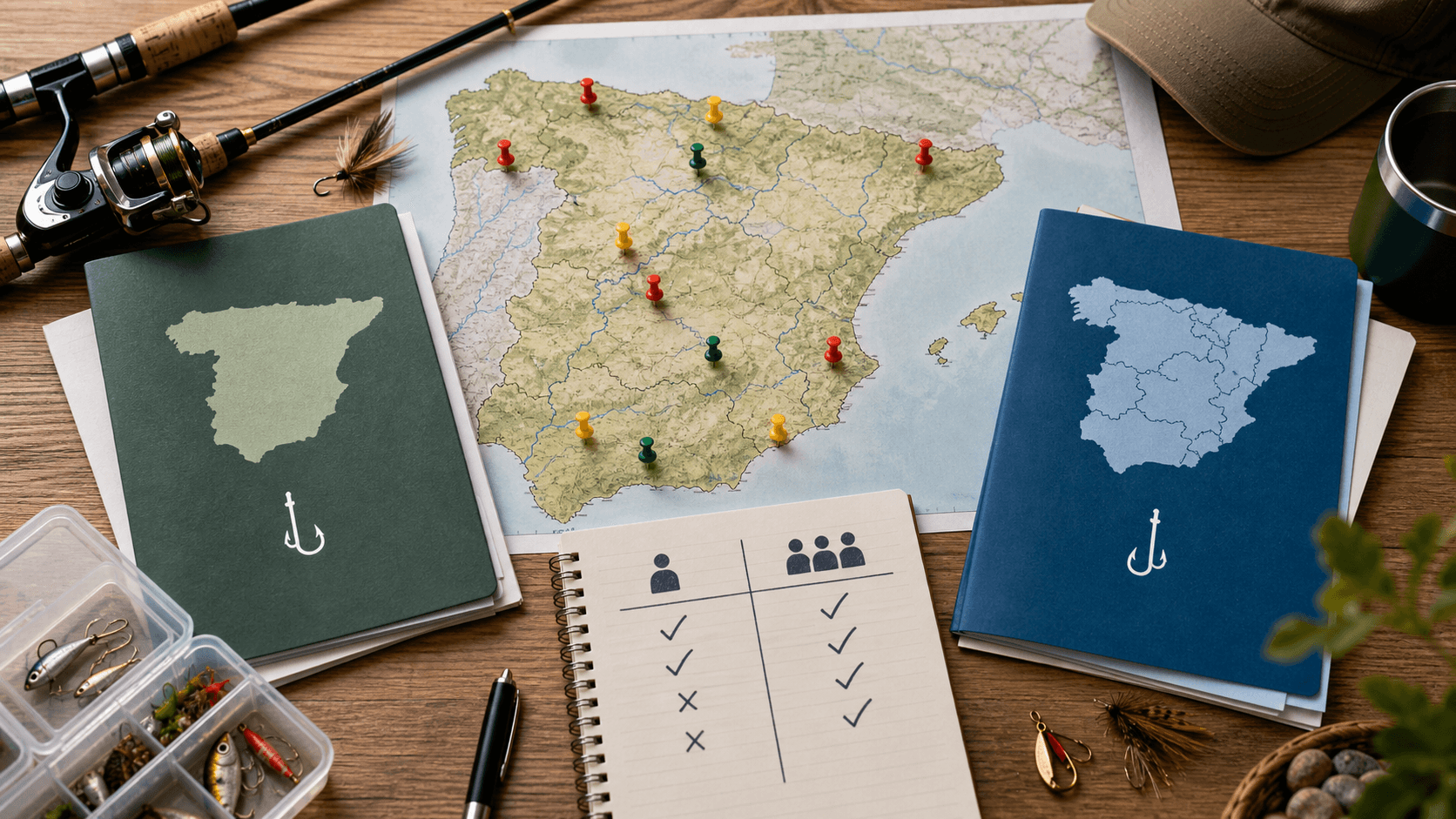 Mapa de España con marcadores y documentación para comparar licencias autonómicas e interautonómicas